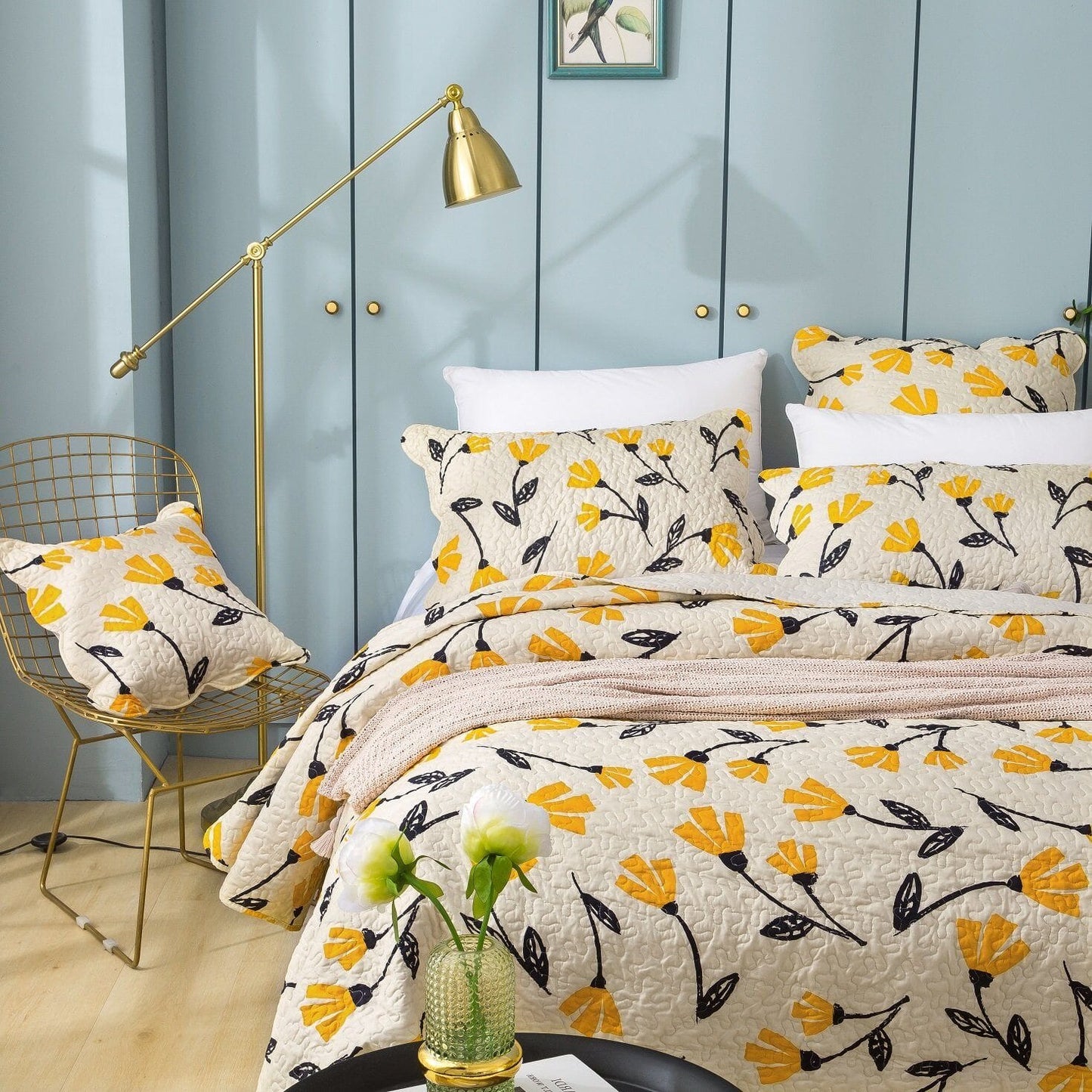 DaDa Bedding Yellow Fleur Floral Golden Orange Ivory Cream Scalloped